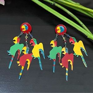 Vintage Colorful Metal Cut-out Parrot Macau Bird Statement Fun Earrings